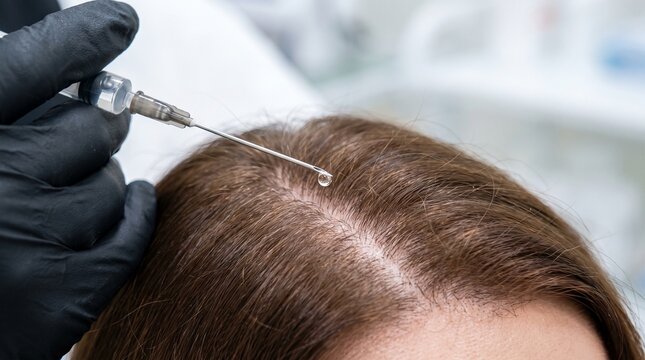 Macro close-up of hair mesotherapy treatment. Doctor's hand in a black glove holds a syringe with a needle and a perfect drop of clear liquid over a woman's scalp parting. Trichology and hair loss tre