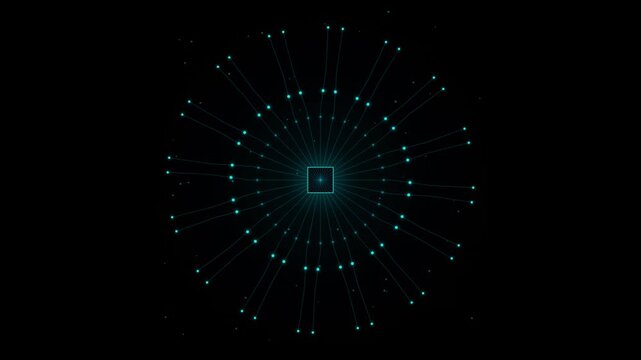 Central microchip with glowing radial circuit lines and data pulses on dark background futuristic technology HUD loop 4K motion