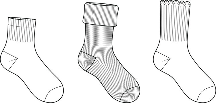 Socks collection set basic ribbed scalloped edge folded cuff technical fashion flat sketch vector CAD drawing apparel template
