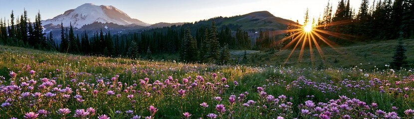Fototapeta premium Mount Rainier wildflower meadow sunrise with vibrant blooms