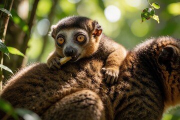 Fototapeta premium Small bamboo lemur baby sits on mom back eating bamboo stalk. Closeup portrait of young primate in natural green forest habitat. Animal face with big curious eyes.