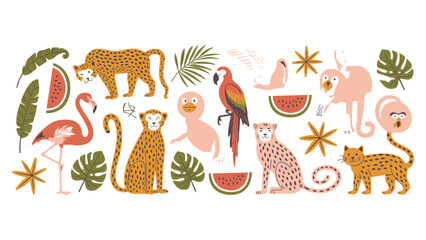 Tropical Paradise Ensemble: A vibrant collection of exotic animals and tropical elements, featuring leopards, parrots, flamingos, monkeys, and watermelon slices. © MadhobiRani