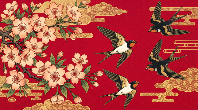 Traditional Japanese floral pattern with cherry blossoms and flying swallows on a red background