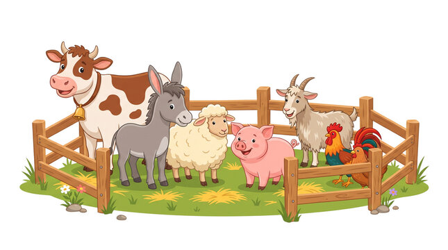 Happy cartoon farm animals standing together inside a wooden fence on a bright green meadow