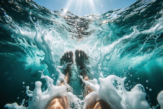 Underwater view of feet kicking in ocean waves creating splashes and foam. Sunlight streams through blue water surface. Summertime fun at sea shore.