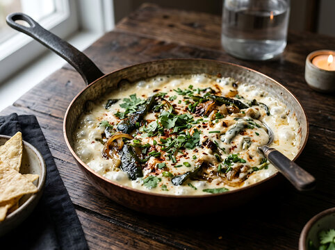 A delicious skillet dip bubbling with melted cheese and roasted peppers served inside a rustic wooden dining room setting ready for sharing during a friendly weekend gathering with tortilla chips