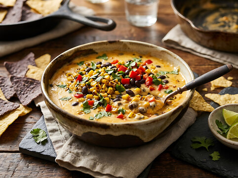A hearty bowl of creamy cheese dip topped with sweet corn black beans and red peppers resting on a rustic wooden table surrounded by crunchy tortilla chips for a delicious homemade meal