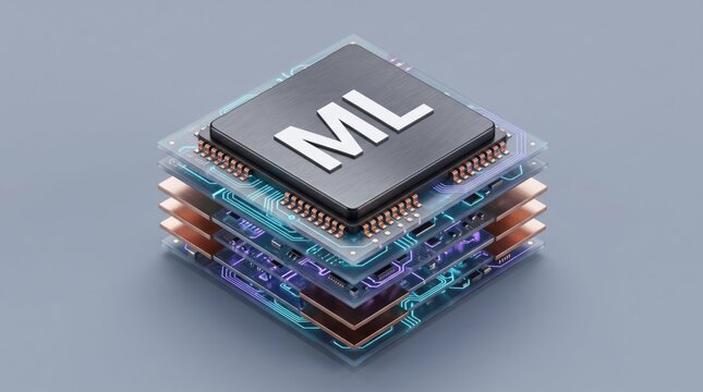 Machine learning chip with glowing blue circuits and copper components