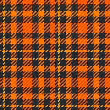 Seamless orange and charcoal grey buffalo plaid fabric pattern texture design for autumn fashion and decor background