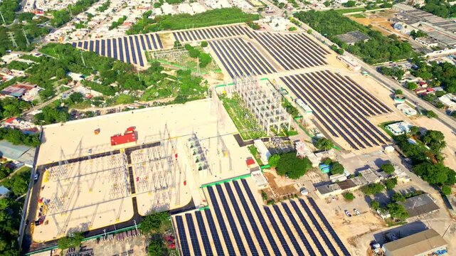 Aerial view of an urban solar farm power plant station