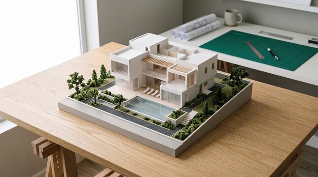 Modern architectural scale model of luxury villa with pool on designer desk