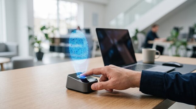 Person using fingerprint scanner for biometric security authentication on office desk, displaying holographic fingerprint icon above device near laptop computer workspace.