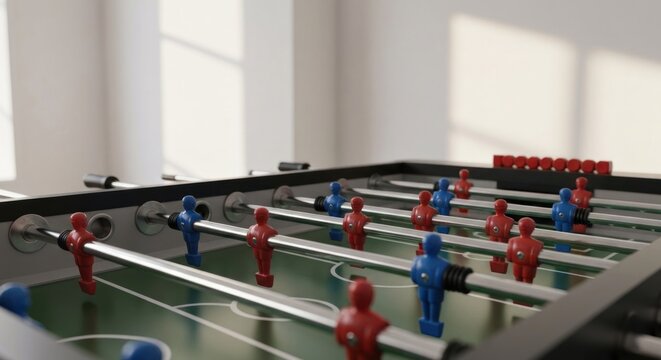 Close-up of foosball table with red/blue players on a green field, natural light