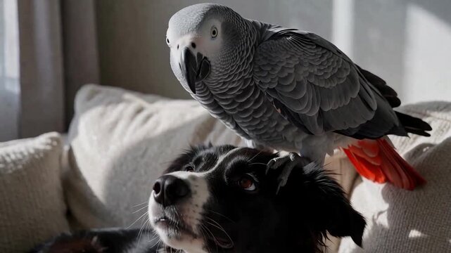 African grey parrot perched on the head of a border collie dog, leaning down to look into its eyes on a sofa