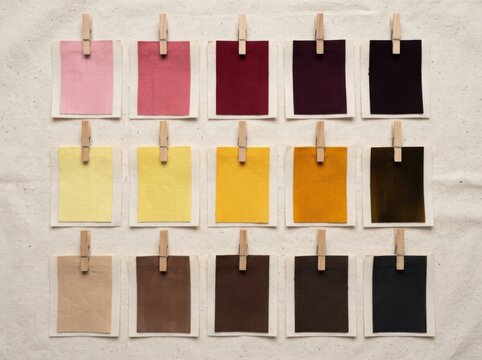 Muted swatches on clipped paper cards for color planning