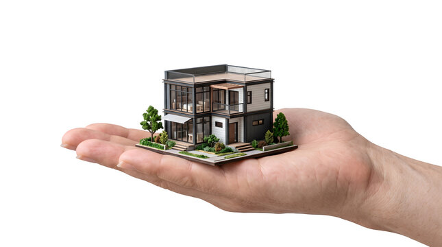 A miniature modern house model held in the palm of a person hand isolated