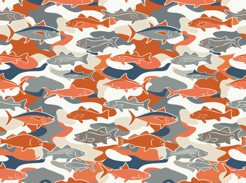 Seamless vector pattern featuring colorful fish silhouettes like tuna and salmon over a modern camouflage background in orange, blue, and gray colors for outdoor textile design.