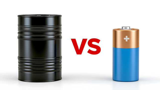 A conceptual comparison showing oil barrel versus battery symbolizing the transition from fossil fuel power to clean energy and storage
