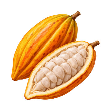 Whole cocoa pod and lengthwise cut cacao pod with cream pulp beans, isolated illustration