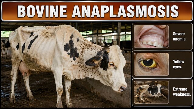 Educational poster showing clinical signs of bovine anaplasmosis in a sick dairy cow on farm with anaplasmosis illustrated
