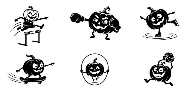 Halloween pumpkins doing sports hurdles boxing ice skating skateboarding jump rope basketball silhouette vector
