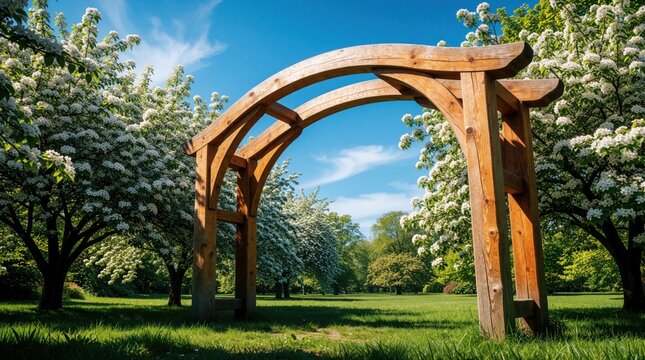 Wooden archway frames a sunny park lawn and blossoming trees under a blue sky. Peaceful garden entrance suggests a path forward into nature. Beautiful spring day.