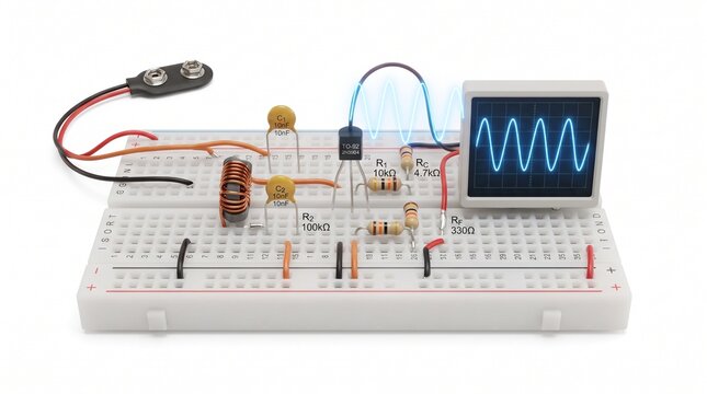 Electronic prototype breadboard circuit with signal wave display on mini screen and various hardware components isolated on white background