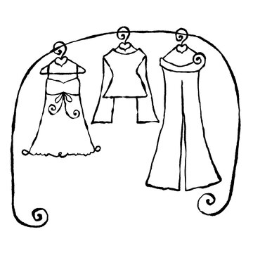 vector illustration of a fashion chlotes hanger pastel coquette whimsy whimsical pants shirt dress outline sketch hand-drawn 
