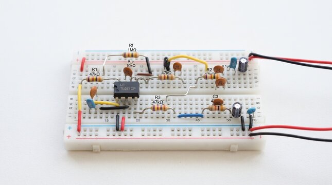 An electronic circuit assembled on a white breadboard with resistors, capacitors, and wires for prototyping