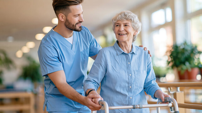 Caring young male healthcare worker assisting senior woman with walker indoors