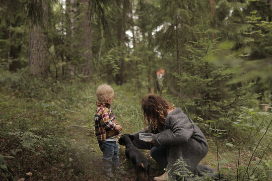Mother and kid picking forest berries