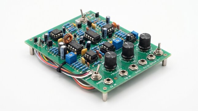 Green printed circuit board with electronic components, microchips, switches, and knobs on white background