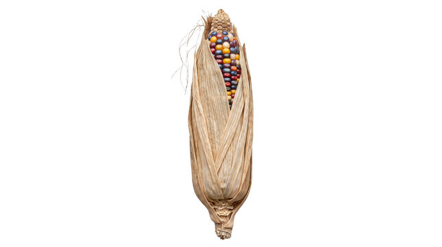 Single ear of vibrant multicolored flint corn with dried husks isolated on a white background