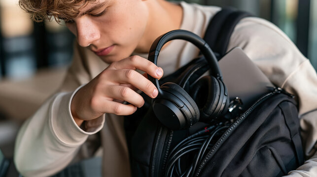 Young man putting wireless headphone in backpack while preparing for travel