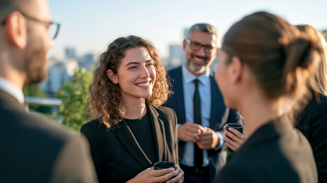 Diverse business people networking and smiling during outdoor meeting