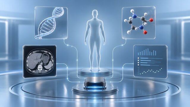 Digital human body model with medical data visualization panels in a futuristic laboratory science setting with statistical data charts clean blue medical research environment