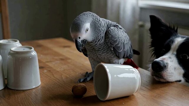 Clever African grey parrot solving a shell game, knocking over the right cup to find a walnut while a border collie watches