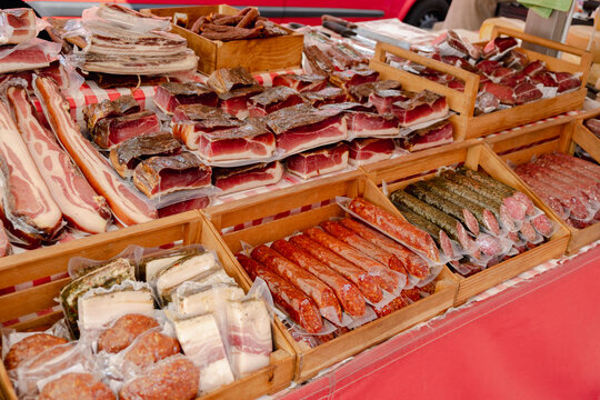 Cured meats and sausages at outdoor market in South Tyrol