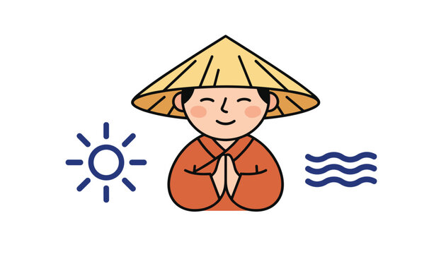 Traditional Asian character wearing a conical hat and orange robe stands in prayer beside sun and wave symbols.