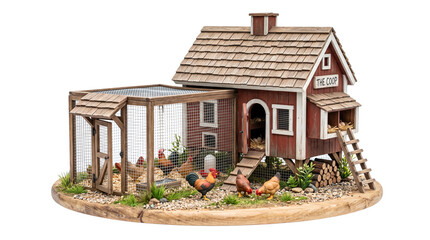 Miniature wooden chicken coop model featuring detailed barn architecture with tiny birds on white background © Muhammad