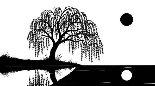 Silhouette of weeping willow tree by moonlight with lake reflection