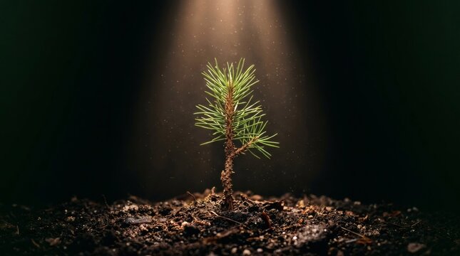 A small green pine sapling growing out of dark soil illuminated by a single spotlight with rich soil under concentrated beam warm light against black background