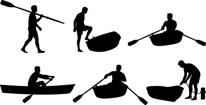 Silhouettes of a man rowing and preparing a small boat vector illustration