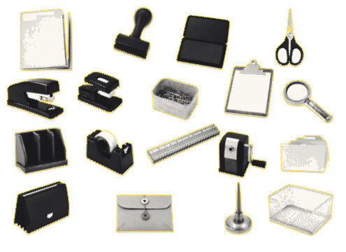 Office desk essentials stationery halftone cutout sticker sheet stapler clipboard scissors paperclip organizer workplace business symbols illustration