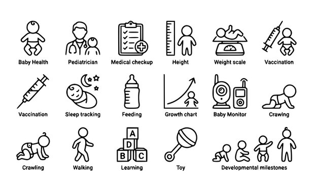 Newborn Health and Development Line Icons &ndash; Baby Growth and Pediatric Vector Set