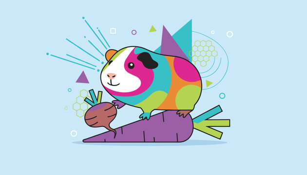 Colorful patchwork guinea pig standing playfully on a large purple carrot with abstract shapes in the background.