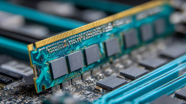 Close-up of a Computer RAM Module Installed on a Motherboard.