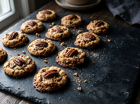 Freshly baked homemade pecan cookies arranged on a dark slate board.