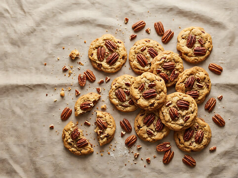 Freshly baked homemade pecan cookies scattered on a rustic linen tablecloth.