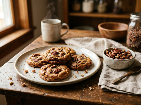 Freshly baked pecan cookies served on a rustic plate with a steaming cup of coffee.